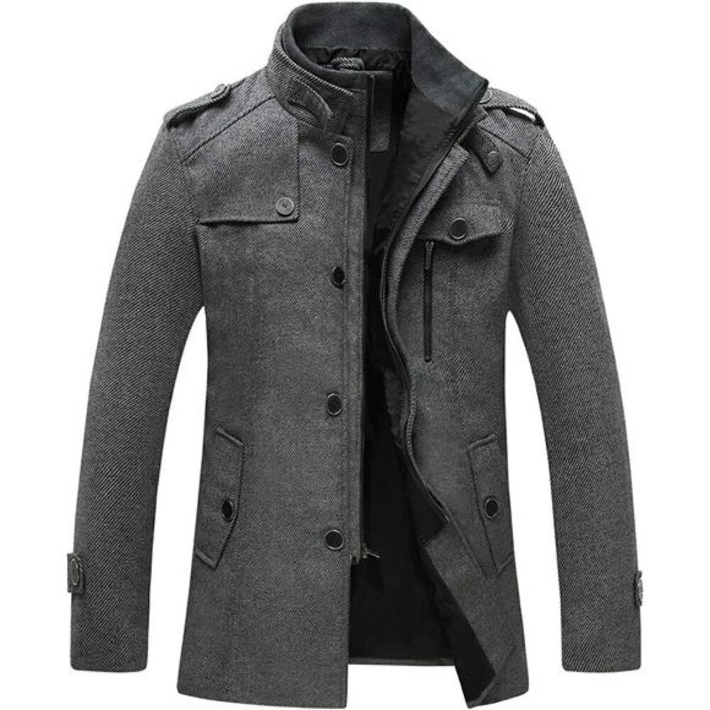 Windproof Wool Pea Coat For Men Stand Collar